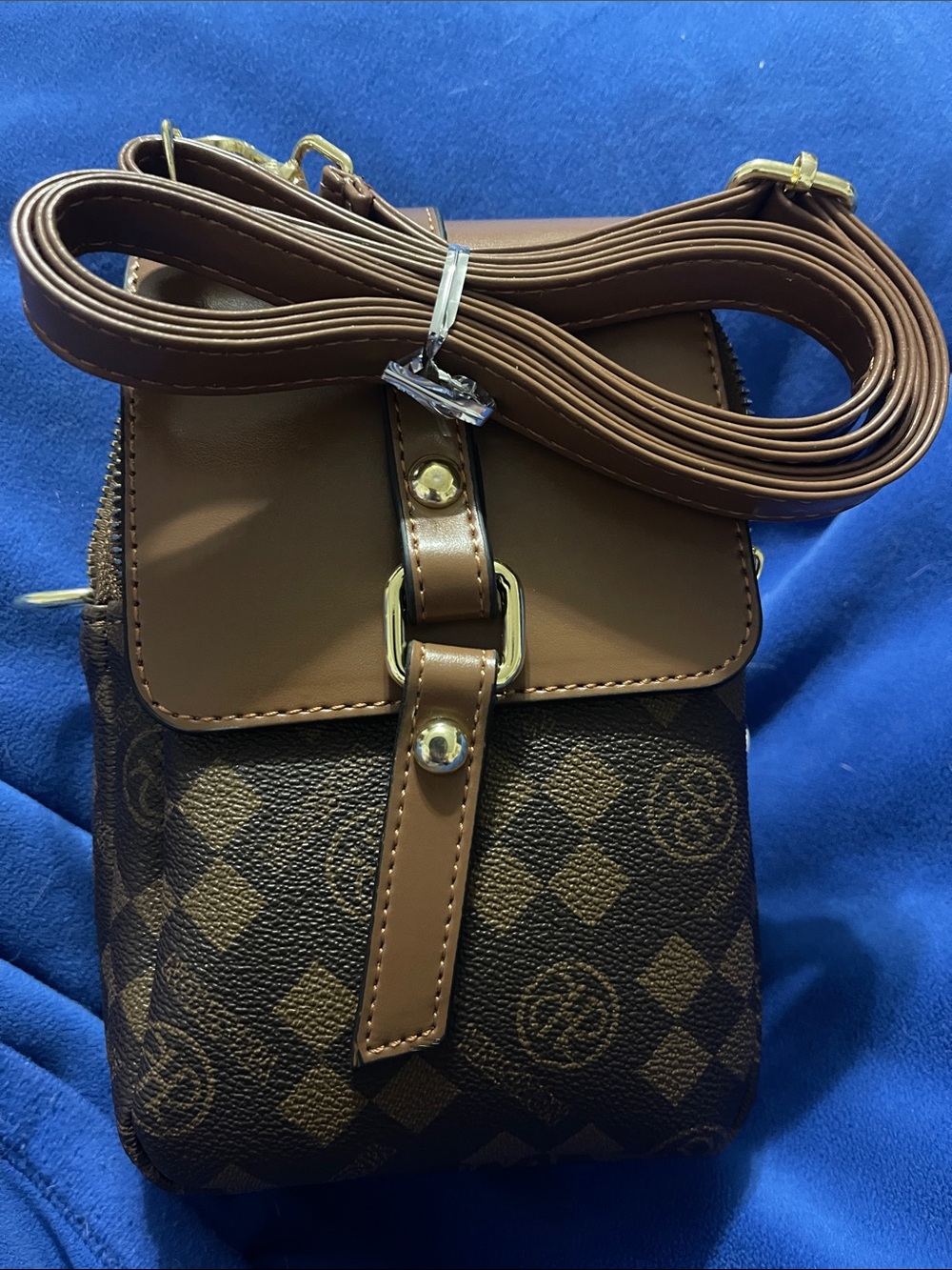 Brown Patterned Crossbody Phone Bag with Adjustable Strap